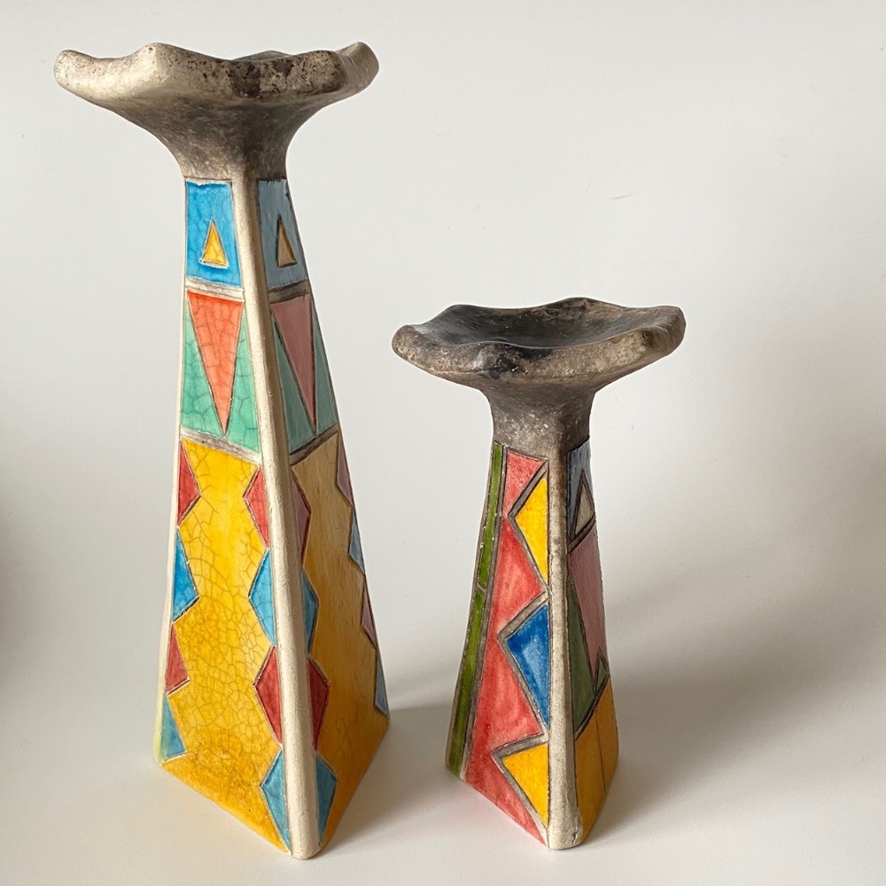 Vintage Raku Art Pottery Candlestick Holders, Set of 2